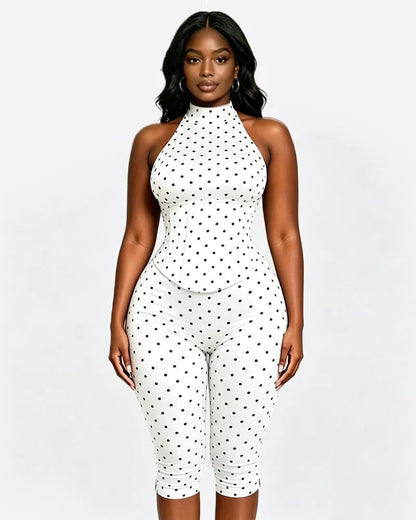 Grommet Lace Up Corset Side Zipper Patchwork Polka Dots Print Calf Length Jumpsuits Women Lace Up Halter Backless Slim Overalls