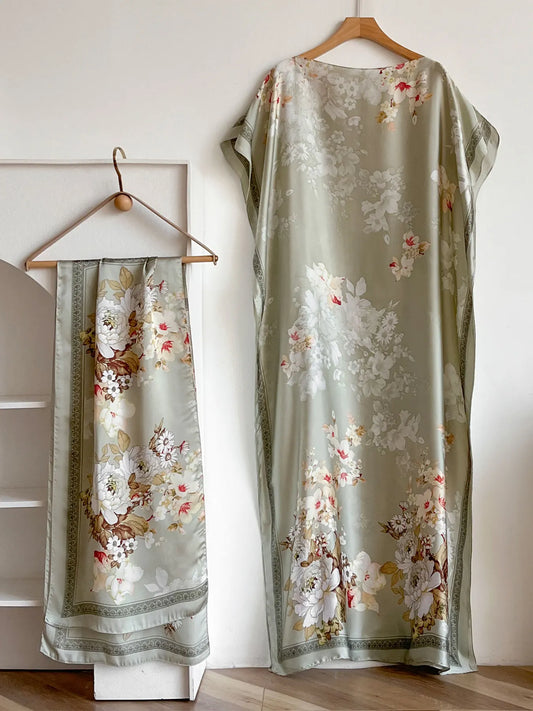 Vintage Peony Floral Print Satin Abaya Scarf Set, Loose Batwing Maxi Kaftan For Muslim Women Summer Holiday Daily Wear