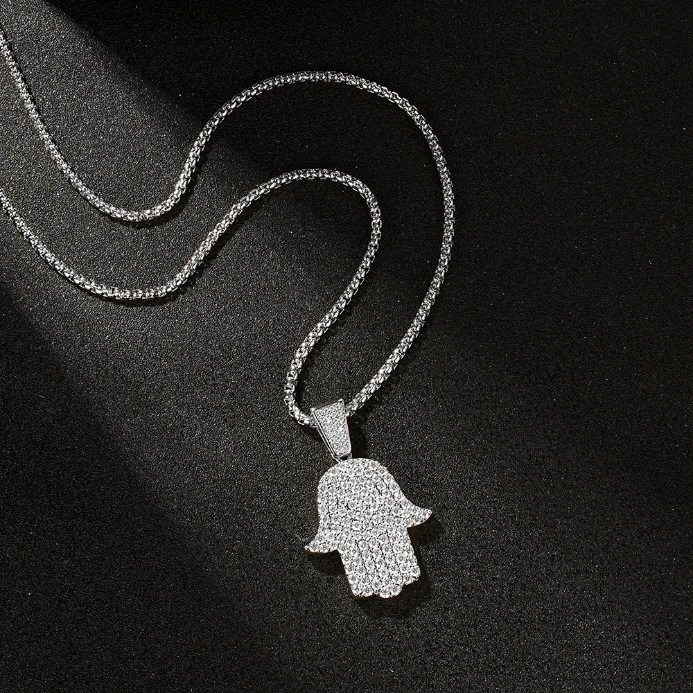 Rrjzz Full Moissanite Hip Hop Iced Out Thick 3mm Round Box Chain Palm Pendant Mens Necklace Street Style Party Fine Jewelry Gift