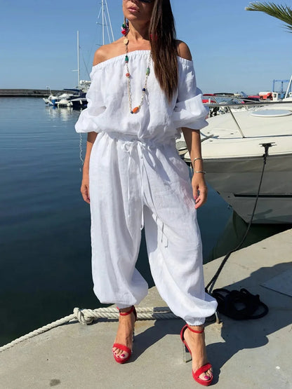 Solid Color Off Shoulder Jumpsuit, Casual Puff Sleeve Cinched Waist Jumpsuit For Spring & Fall, Women's Clothing