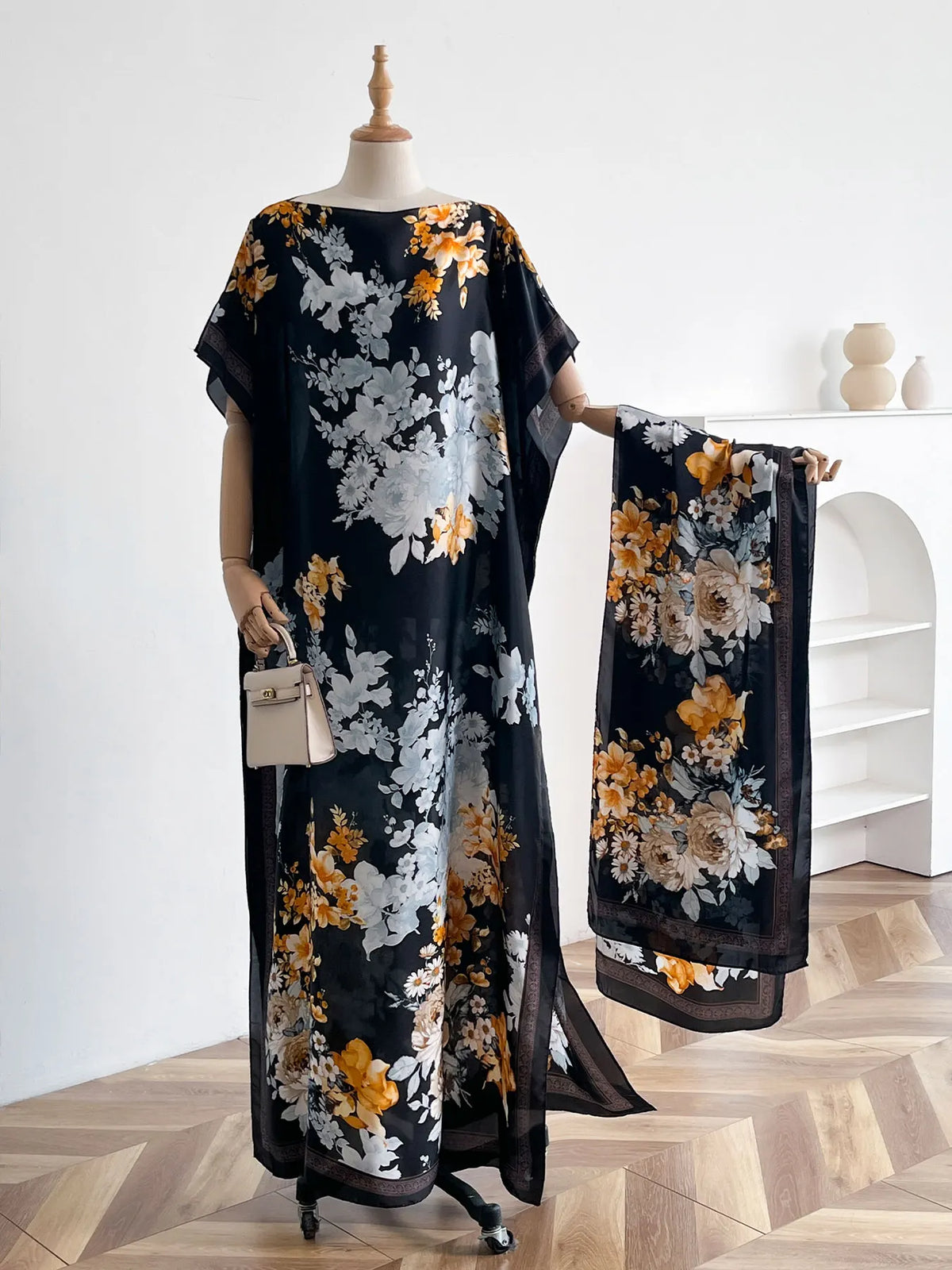 Vintage Peony Floral Print Satin Abaya Scarf Set, Loose Batwing Maxi Kaftan For Muslim Women Summer Holiday Daily Wear