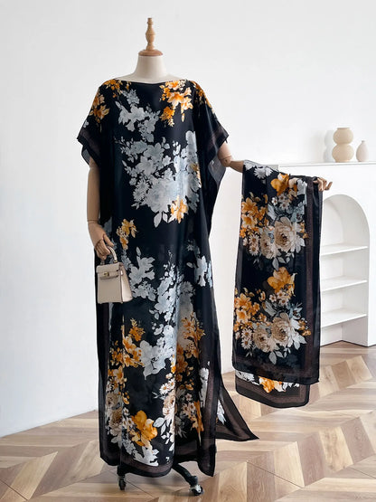 Vintage Peony Floral Print Satin Abaya Scarf Set, Loose Batwing Maxi Kaftan For Muslim Women Summer Holiday Daily Wear