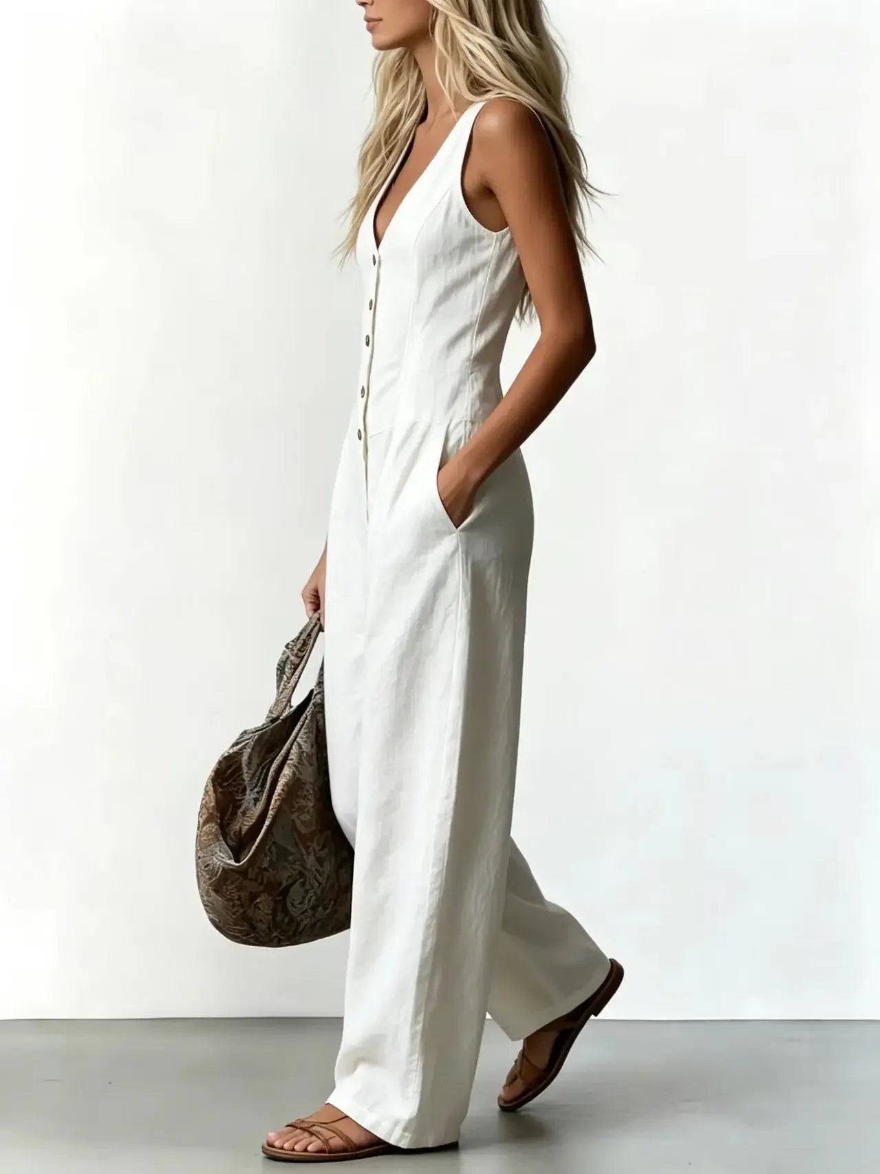 Women V Neck Spaghetti Strap Jumpsuit High Waist Pleated Wide Leg Long Pants with Pockets Casual Vacation Solid Overalls
