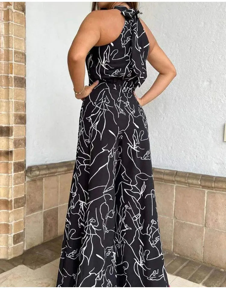 Summer Women's Elegant Waist Halter Jumpsuit Tie Sleeveless Wide Leg Long Pant Bodycon Abstract Print Streetwear Romper Mujer