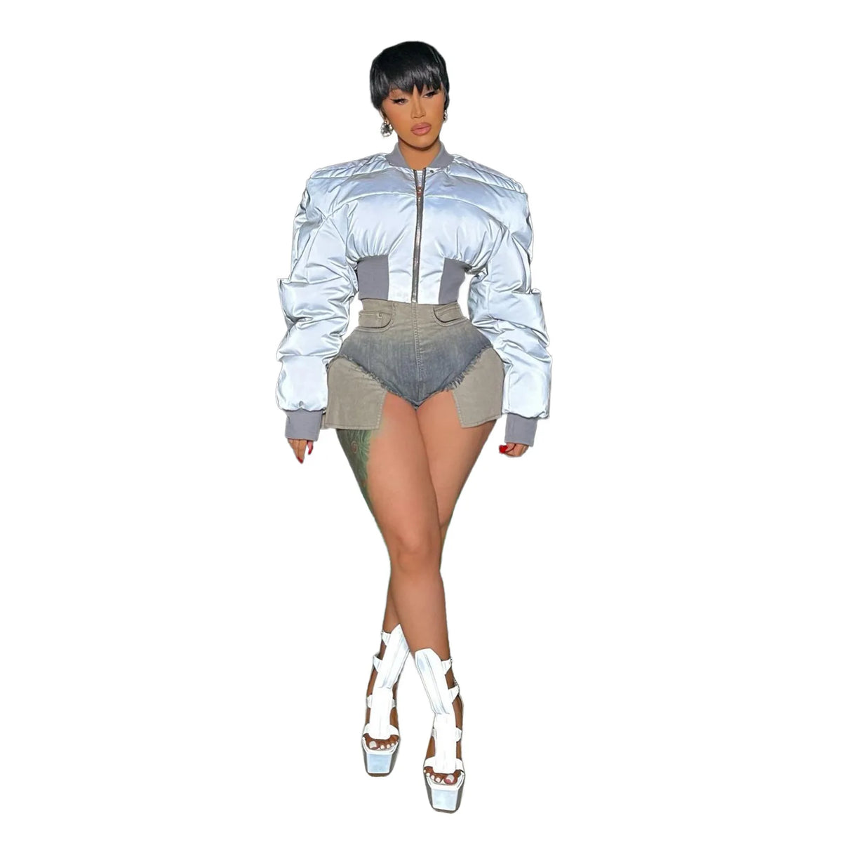 Autumn Winter Cotton Jacket Women's Fashion Round Neck Long-sleeved Zipper Drawstring Waist Warm Casual Reflective Cotton Jacket