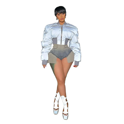 Autumn Winter Cotton Jacket Women's Fashion Round Neck Long-sleeved Zipper Drawstring Waist Warm Casual Reflective Cotton Jacket