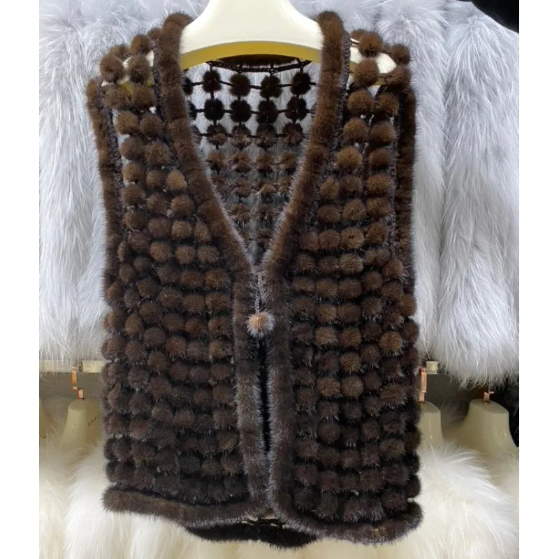 Ms.MinShu Autumn Waistcoat Natural Mink Fur Balls Gilet Sleeveless Hand Made Real Mink Fur Vest