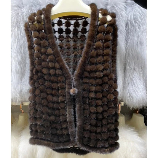 Ms.MinShu Autumn Waistcoat Natural Mink Fur Balls Gilet Sleeveless Hand Made Real Mink Fur Vest