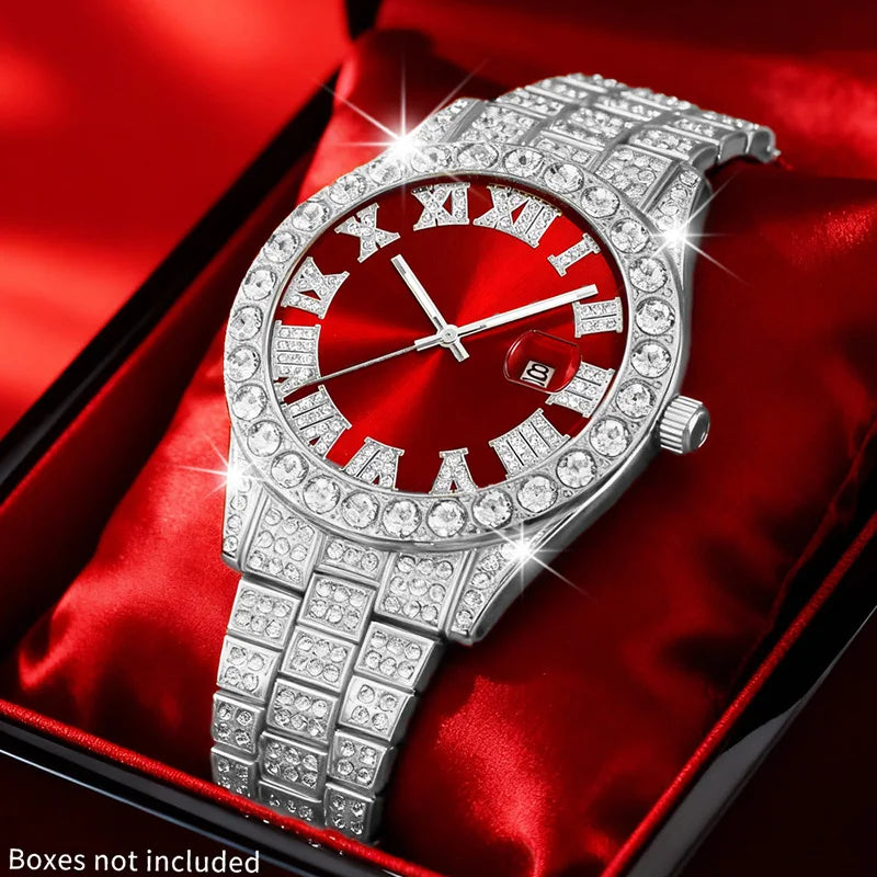 Men's Hip-Hop Watch Retro Quartz Watch, Oversized Rhinestone Dial and Durable Stainless Steel Strap, Suitable for Men