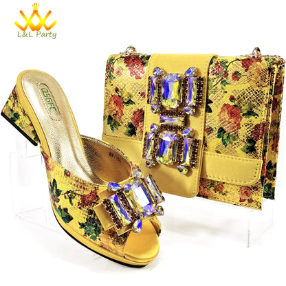 Italian New Arrivals Shoes and Bag Set in Green Color High Quality Specials Design Slipper with Crystal for Wedding Dress