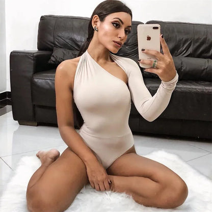 Sexy one shoulder tight jumpsuit with European and American street style commuting milk silk base shirt