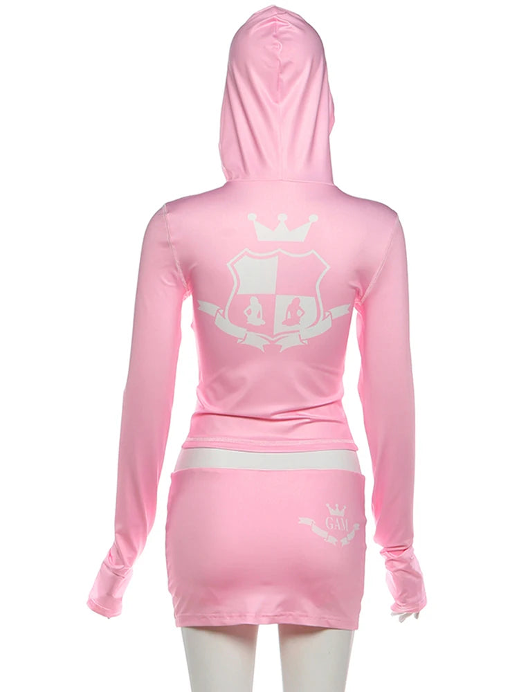 Kliou Casual Sporty 2 Piece Set Woman Letter Print Zip Cardigan Full Sleeve Hooded Jacket+Contrast Patchwork Shorts Simple Suits