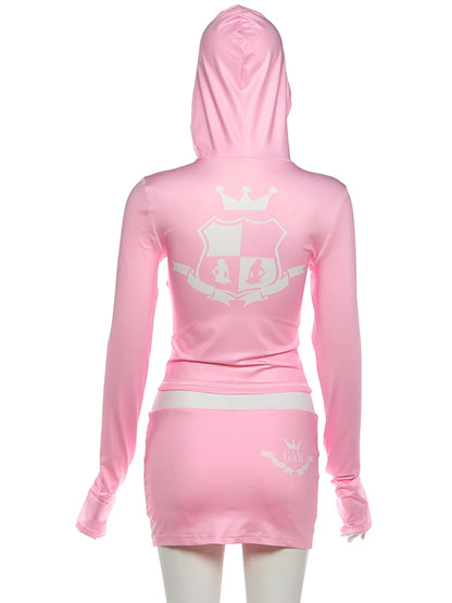 Kliou Casual Sporty 2 Piece Set Woman Letter Print Zip Cardigan Full Sleeve Hooded Jacket+Contrast Patchwork Shorts Simple Suits