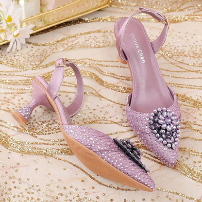 2025 Women's Green High Heels - Italy-Inspired Rhinestone Pointed-Toe Design for Gorgeous Parties | Plus Size Available