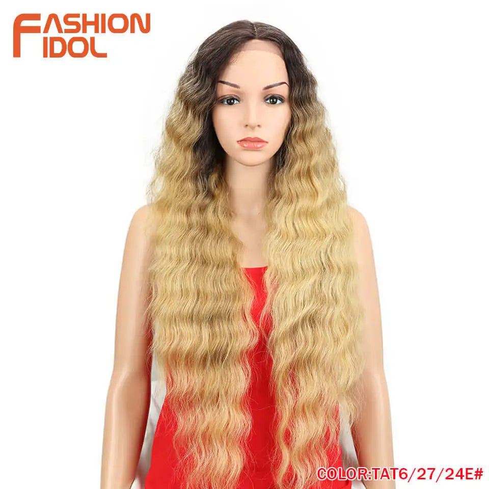 FASHION IDOL 30inch/75cm Water Wave Lace Wigs Synthetic Curly Lace Front Wigs Cosplay Ombre Blonde Hair Wigs For Black Women