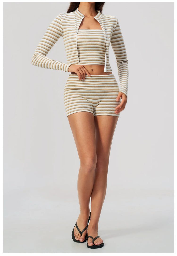 Women 2/3pcs Yoga Set Gym Clothing Fitness Suit Workout Tracksuit Outfits Ribbed Striped Strapless Tube Top Zipper Long Sleeve