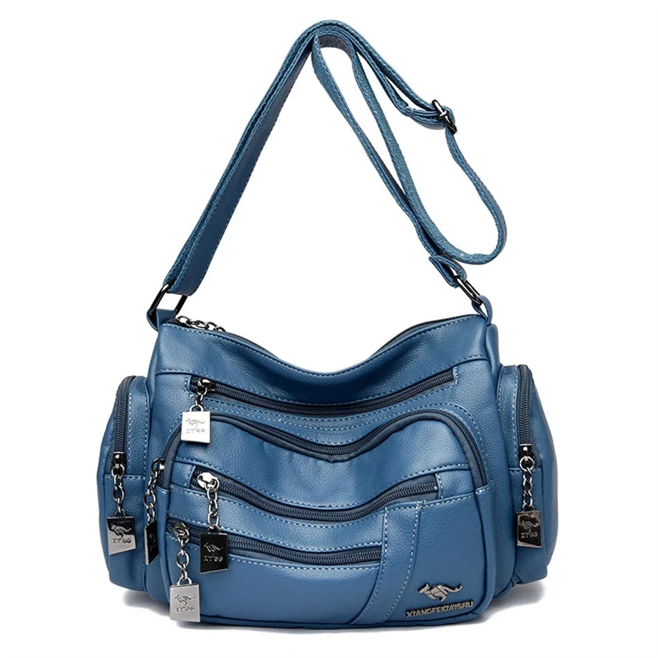 Many Pockets Women Leather Top-handle Bag Luxury Designer Female Shoulder Messenger Shopper Bags Brand Ladies Crossbody Handbags