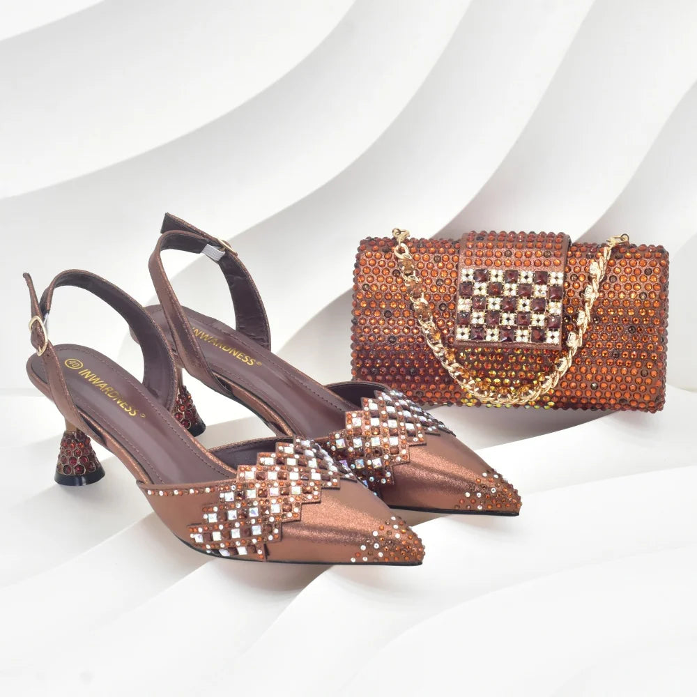 Women Nigerian Italian Shoes and Bags Set Decorated with Rhinestone Luxury Shoe and Bag Set for Party in Women Ladies Pumps
