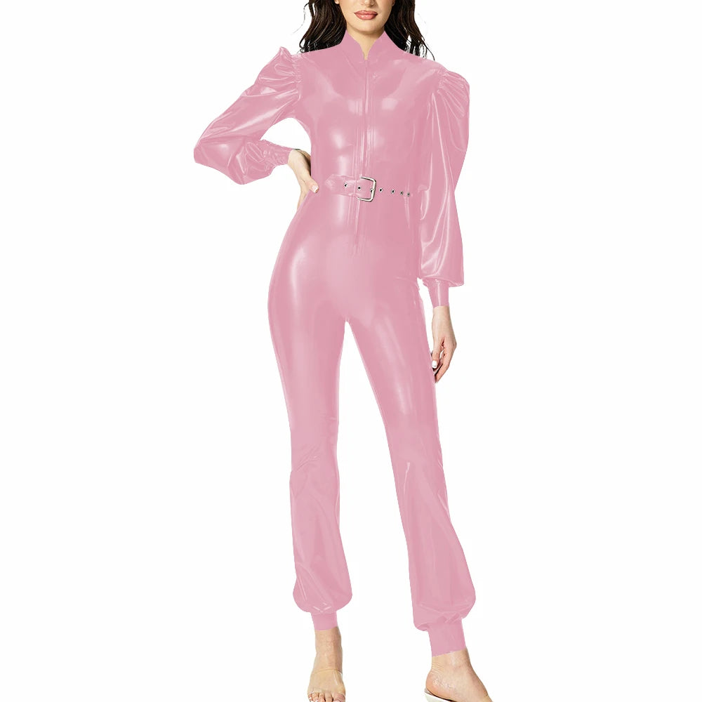 Plus Size Fashionable PVC Patent Leather Jumpsuit for Women Latex-look Clubwear Stand Collar Belt Puff Long Sleeve Slim Rompers