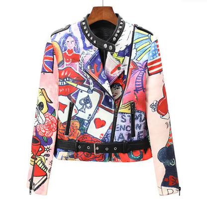 3xl women and men rivet beading pu leather jacket hit color streetstyle Graffiti outerwear letters printed leather jackets