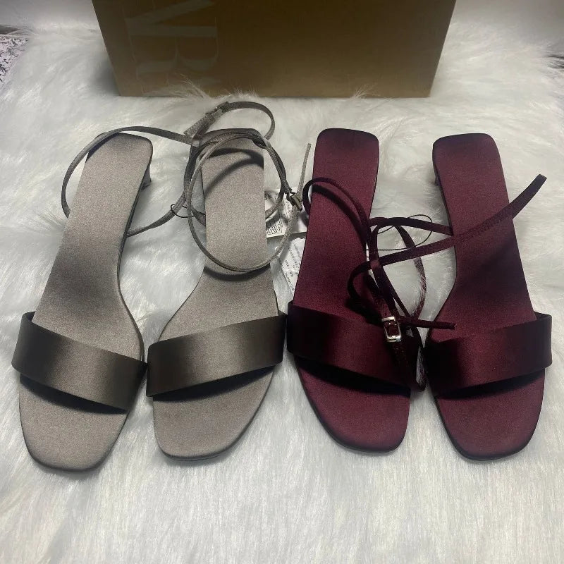 Luxury Satin Ankle Strap Low Heels Women Modern Sandals Summer Elegant Open Toe Brand Designer Large Size Female Office Shoes
