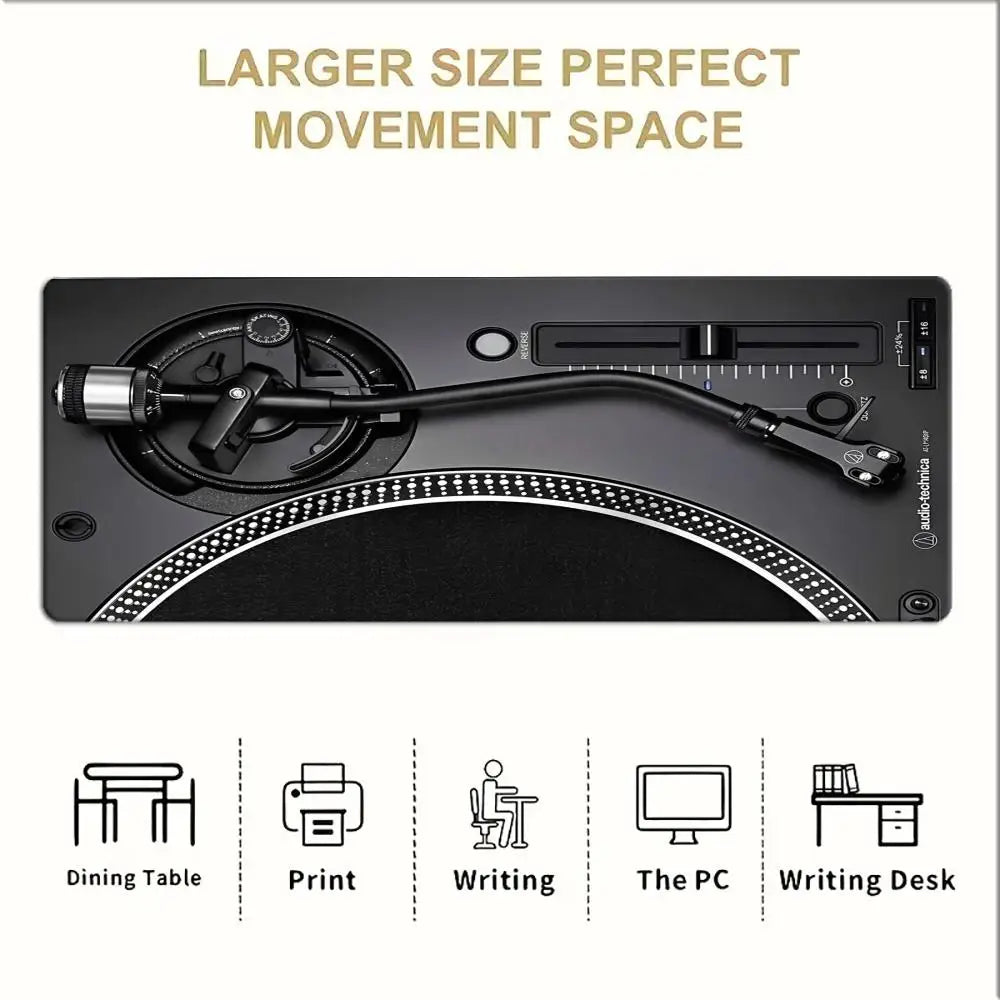 Retro Vinyl Turntable DJ Design Extended Mouse Pad Non‑Slip Rubber Base Tech Style Large Gaming Desk Table Play Mat PC Laptop