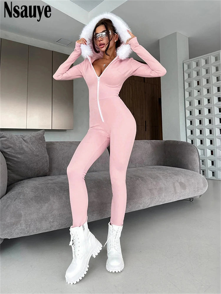 Nsauye Jumpsuits Women Long Sleeve Pullover Faux Fur Hoodies Skinny One Pieces Overalls Sexy Clubwear Sport Y2K Jumpsuit Rompers