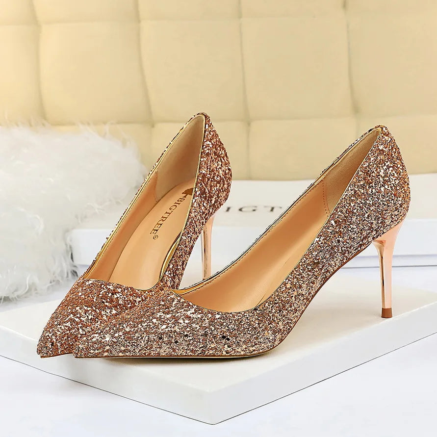 Women 7cm 9.5cm High Heels Pumps Wedding Bridal Scarpins Sparkly Mid Heels Lady Party Sequins Glitter Evening Gold Silver Shoes