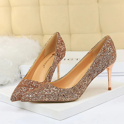 Women 7cm 9.5cm High Heels Pumps Wedding Bridal Scarpins Sparkly Mid Heels Lady Party Sequins Glitter Evening Gold Silver Shoes
