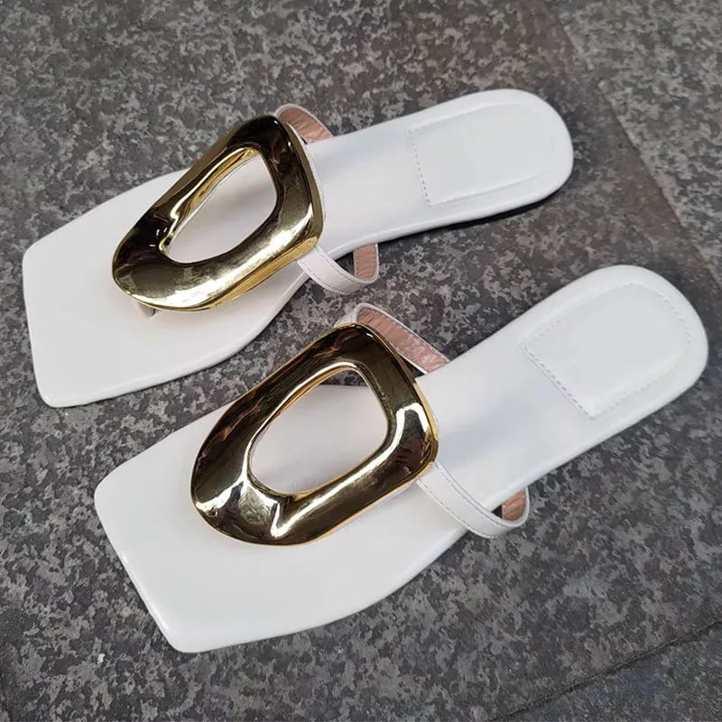 New In 2025 Luxury Women Slippers Summer Beach Fashion Metal Flip Flops Female Slides Slippers Ladies Flats Sandals Shoes