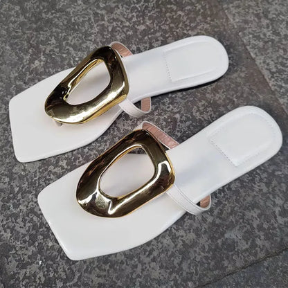 New In 2025 Luxury Women Slippers Summer Beach Fashion Metal Flip Flops Female Slides Slippers Ladies Flats Sandals Shoes
