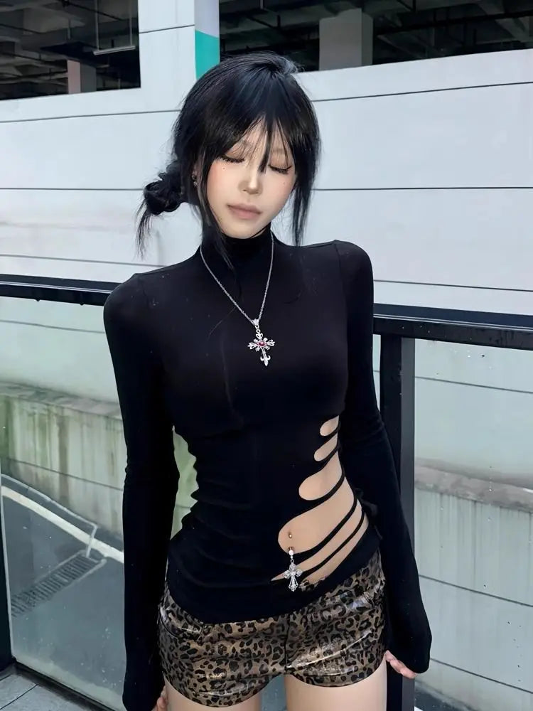 Erwofeina Hotsweet T-shirt Hollow Out Slim Long Sleeve 2000s Clothes Y2k Korean Fashion Woman Clothing Turtleneck Chic  Tops
