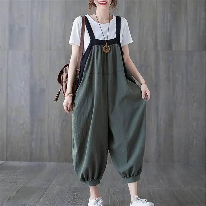 Casual Rompers For Women 2026 New Summer Large Size Korean Loose Harlan Jumpsuit Pants Solid Ladies Suspender Overalls L-5XL