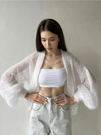Women Knitting Cardigan 2026 New Women Mohair Knit Cardigan Hollow Out Sheer Long Sleeve Casual Knitted Outerwear Sweater