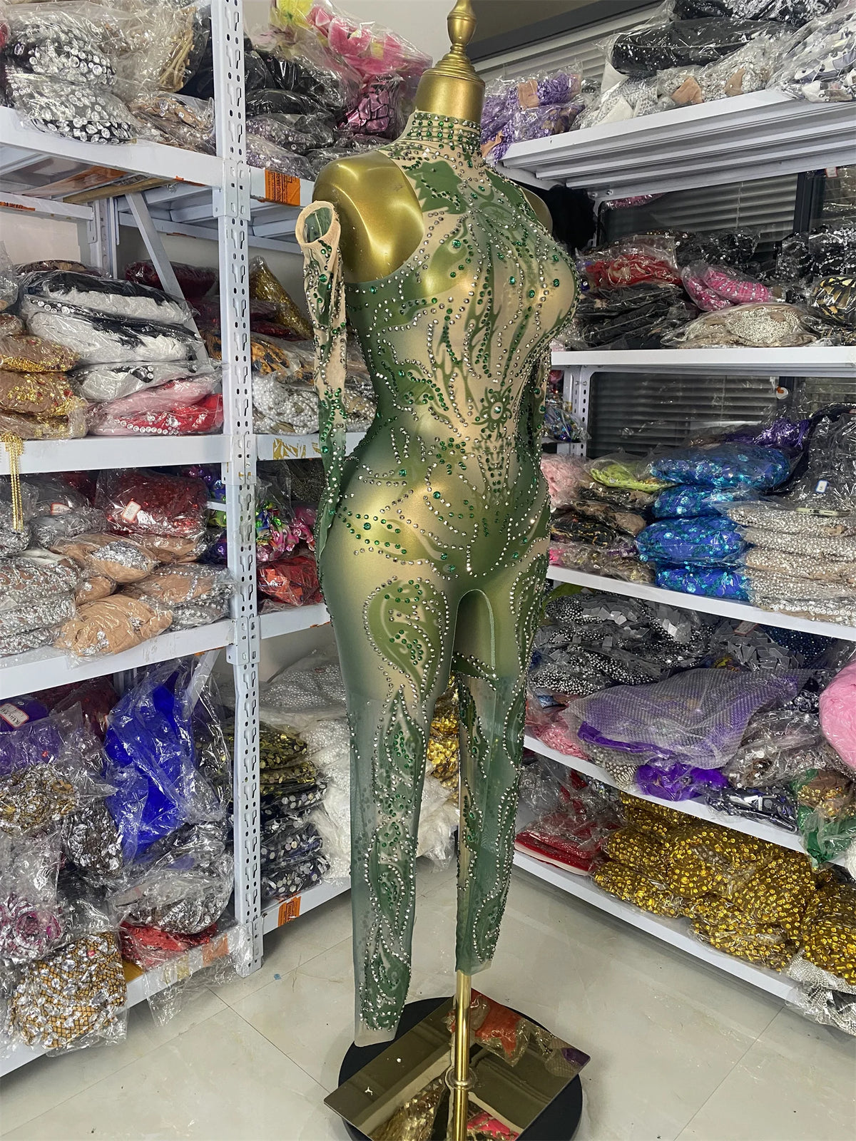 Sparkly Rhinestones Printed Mesh Bodycon Green Jumpsuits With Sleeves See Through Masquerade Costume Dress Night Club DJ Gogo