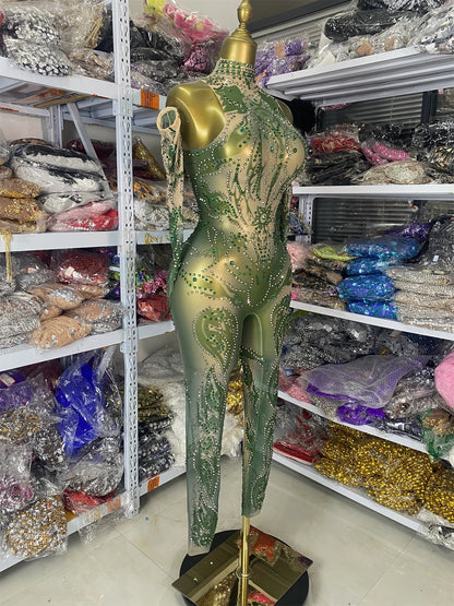 Sparkly Rhinestones Printed Mesh Bodycon Green Jumpsuits With Sleeves See Through Masquerade Costume Dress Night Club DJ Gogo
