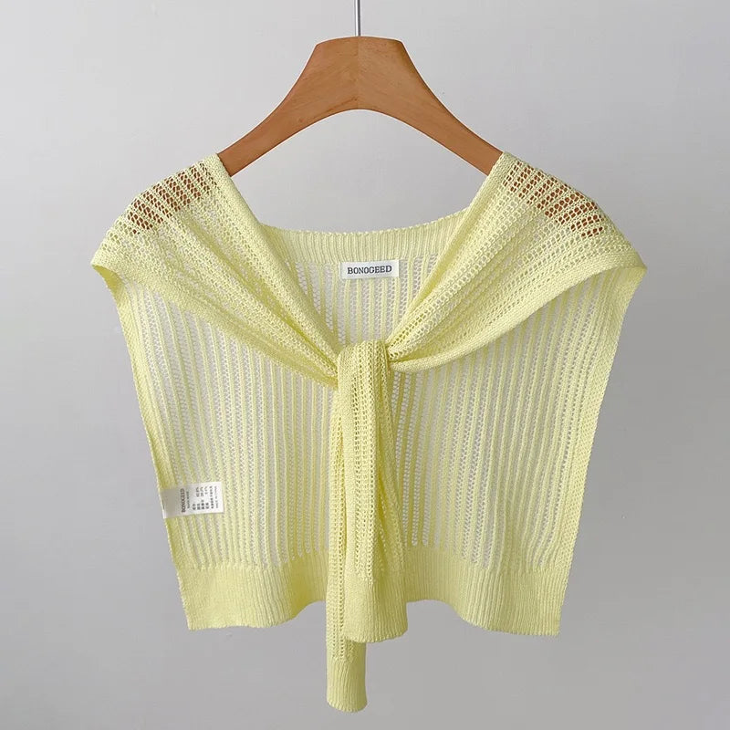 Lace Hollow Linen Knitted Shawl Summer Air Conditioning Fake Collar Neck Guard Knit Thin Knotted Cape Shoulder Scarf For Women