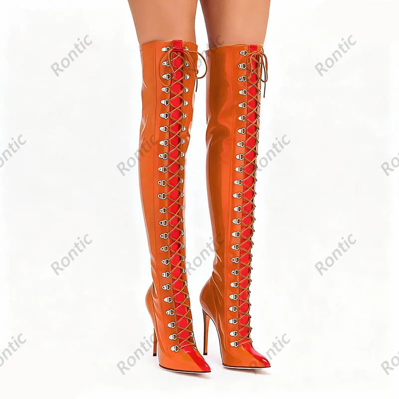 Rontic Custom Crafted Blue Thigh High Boots Stiletto Heel Design Red Detail Laces Pointed Toe Patent Leather Artisan Size 5-15
