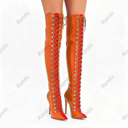 Rontic Custom Crafted Blue Thigh High Boots Stiletto Heel Design Red Detail Laces Pointed Toe Patent Leather Artisan Size 5-15