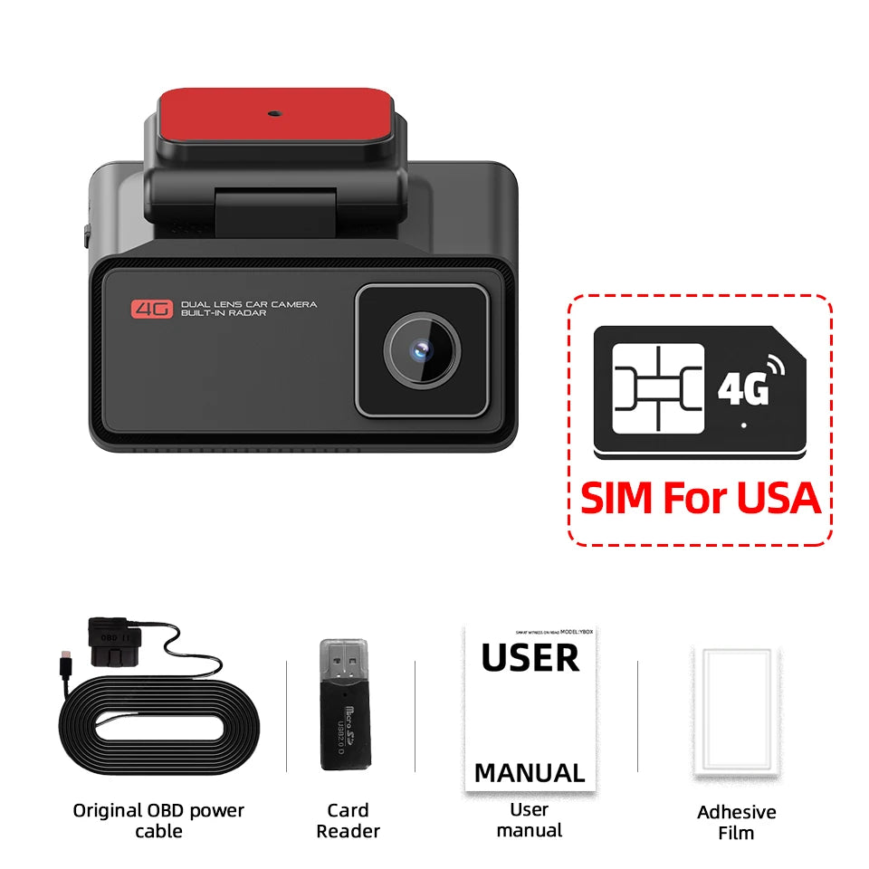 4G LTE Dashcam with Front And Inside Lens Two-Way Talk Car DVR GPS Remote Live-View 24/7 Parking IR Night Vision Security Camera