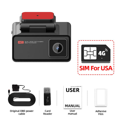 4G LTE Dashcam with Front And Inside Lens Two-Way Talk Car DVR GPS Remote Live-View 24/7 Parking IR Night Vision Security Camera