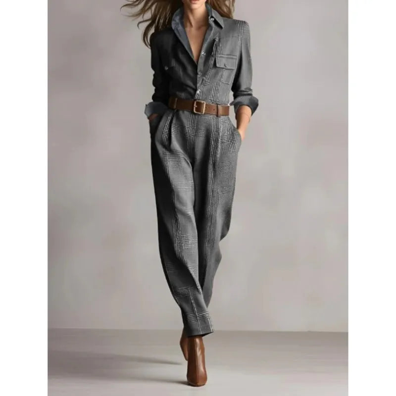 Retro Grid Button Lapel Shirt Jumpsuits Woman Fashion High Waist Slim Bodysuits Romper Spring Autumn Long Sleeve Pocket Overalls