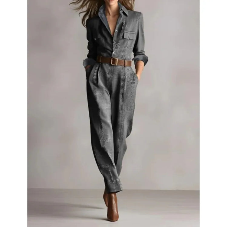Retro Grid Button Lapel Shirt Jumpsuits Woman Fashion High Waist Slim Bodysuits Romper Spring Autumn Long Sleeve Pocket Overalls