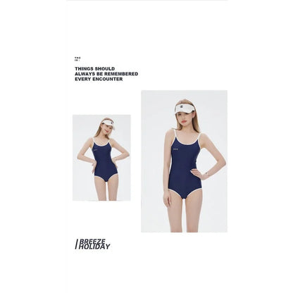 Sports Navy Blue Two-piece Swimsuit Set with Suspenders and High Waisted Shorts Suitable for Beach Swimming Pool Training