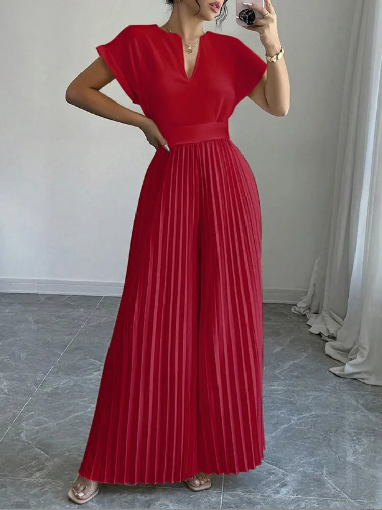 Elegant Pleated Jumpsuits&Rompers for Women V-Neck Jumpsuits Fashion Summer High Waisted Luxury Birthday Party Outfit