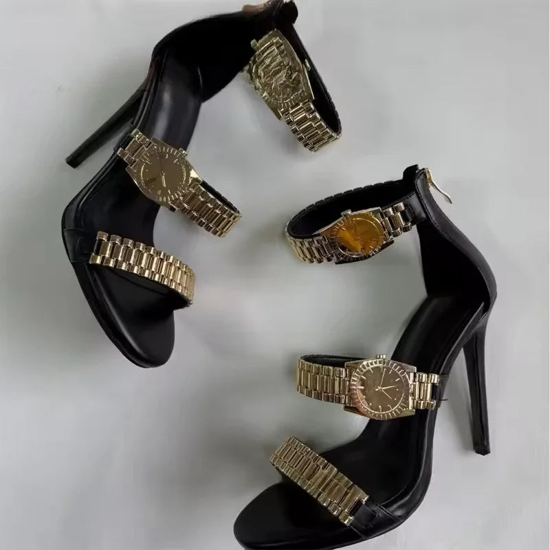 Womens Silver Watch Embellished Strap Sandals Sexy Stilettos Heel Sandals Open Toe Ladies Chain Detail Gladiator Sandals 35-44