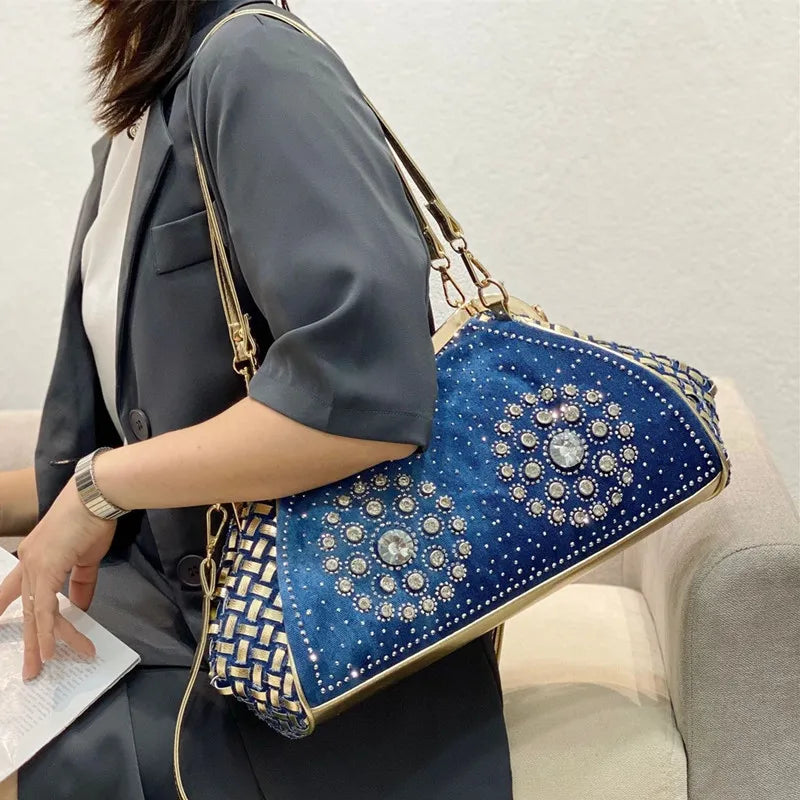 Denim Rhinestones Women Handbag Clutch Bag For Evening Party Chic Butterfly Decoration Ladies Denim  Shoulder Bag
