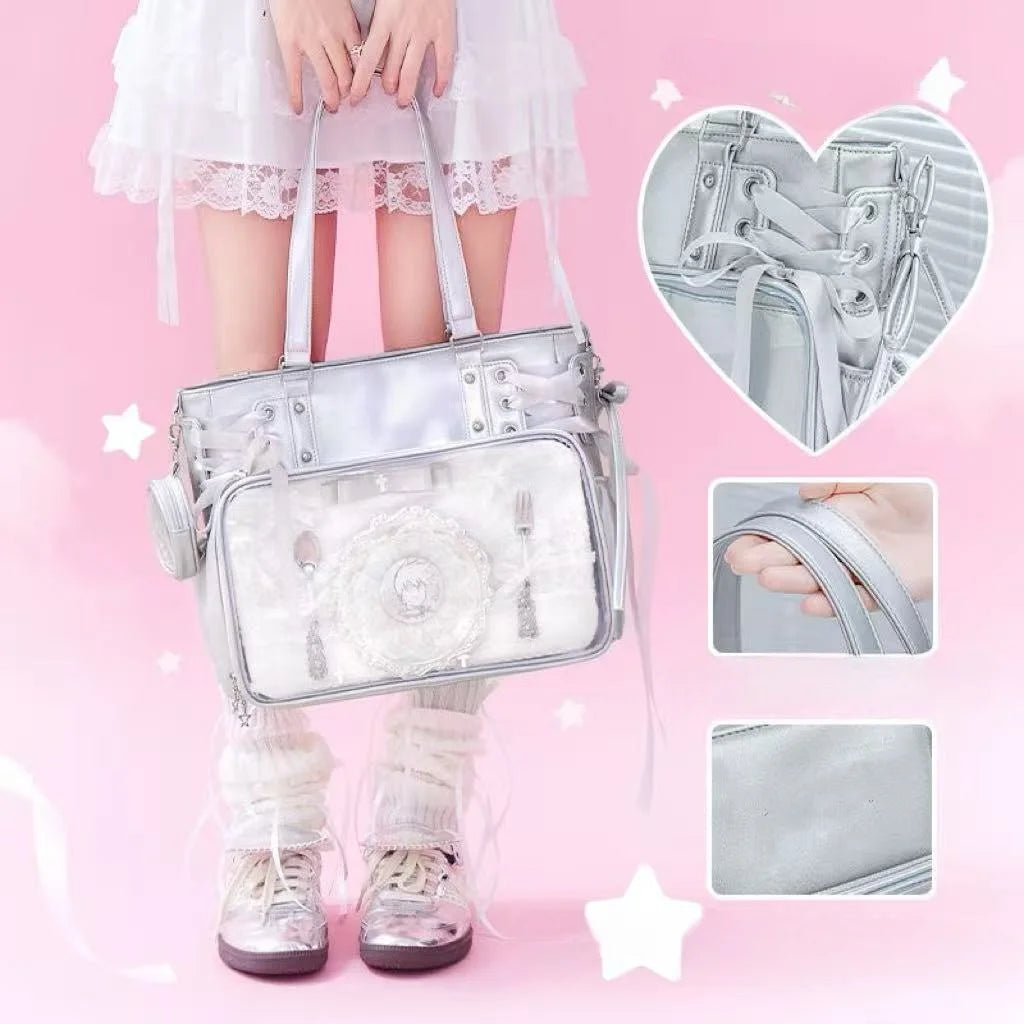 Sweet Cute Bow Shoulder Bags Women Horizontal Transparent Large Capacity Anime Ita Bag Ladies Harajuku Solid Color Handbag Chic
