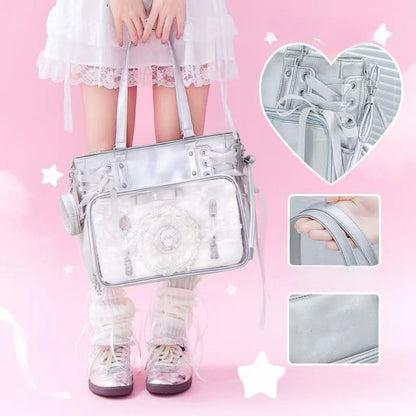 Sweet Cute Bow Shoulder Bags Women Horizontal Transparent Large Capacity Anime Ita Bag Ladies Harajuku Solid Color Handbag Chic