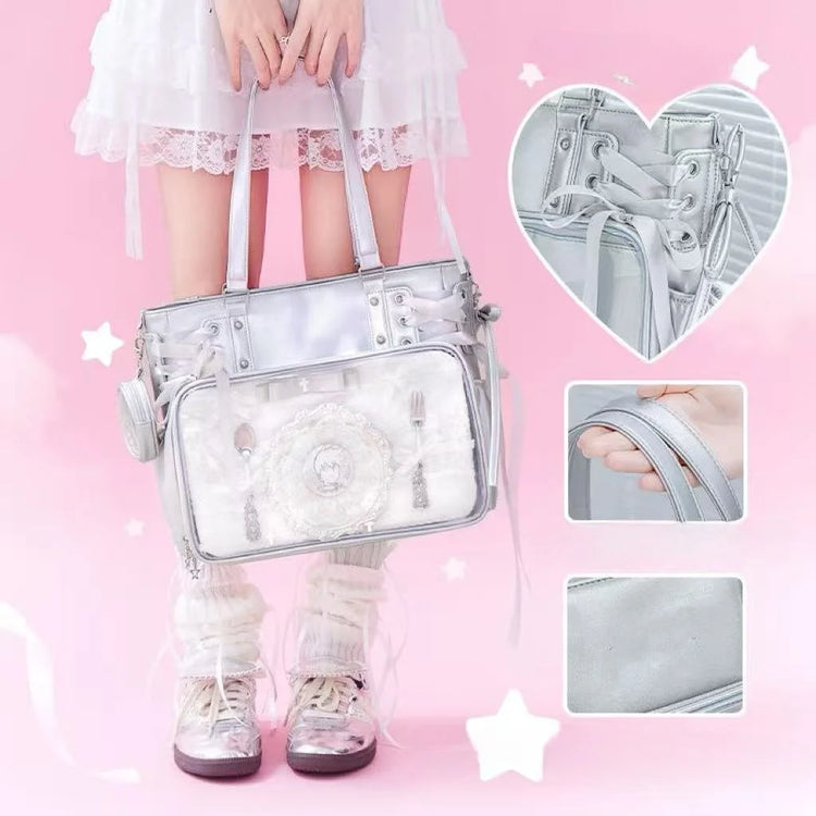 Sweet Cute Bow Shoulder Bags Women Horizontal Transparent Large Capacity Anime Ita Bag Ladies Harajuku Solid Color Handbag Chic
